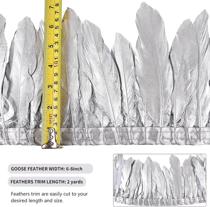 MAOFENG 2 Yards Natural Goose Feathers Trim Sewing Fringe Fashion Dress Sewing 6-8inch for DIY Handicrafts Costumes Decoration,Silver - Image 2